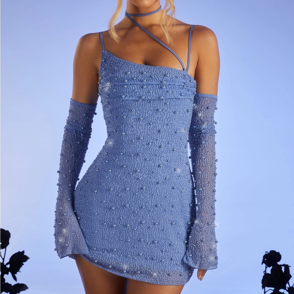 Oh Polly “Soho” pearl embellished blue mini dress with removable sleeves